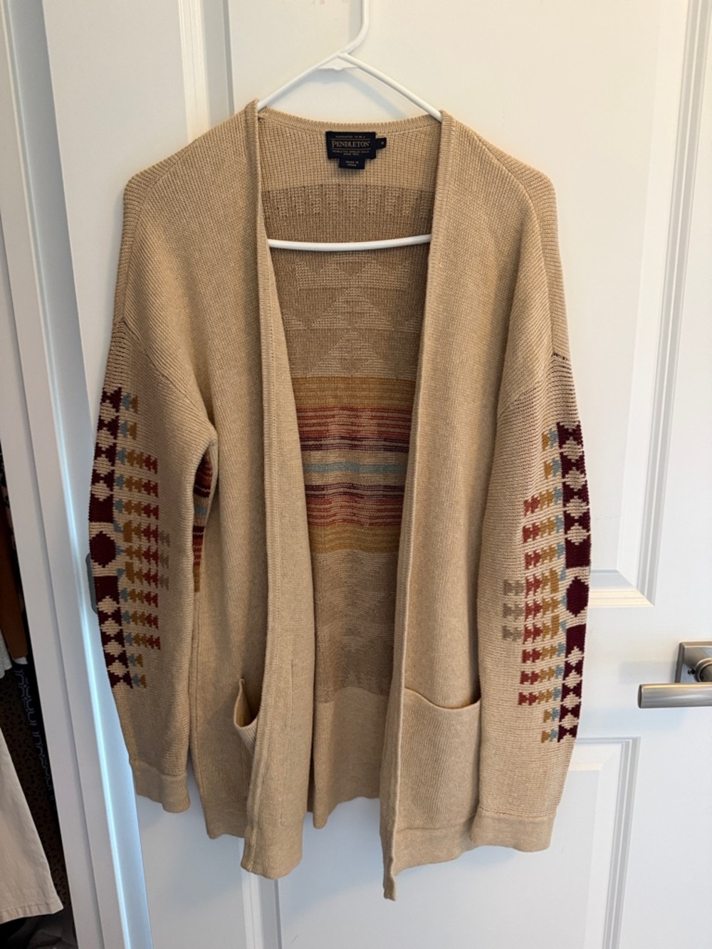Pendleton Beige Open Cardigan with Multicolor Southwestern Sleeve Pattern